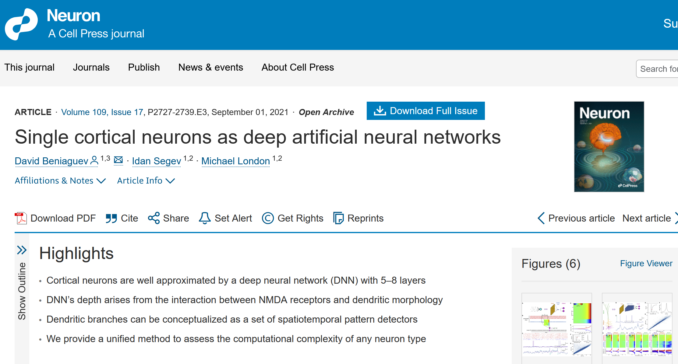 Schermata della pubblicazione originale: Beniaguev et al. 2021, Neuron, sulla complessità computazionale del singolo neurone