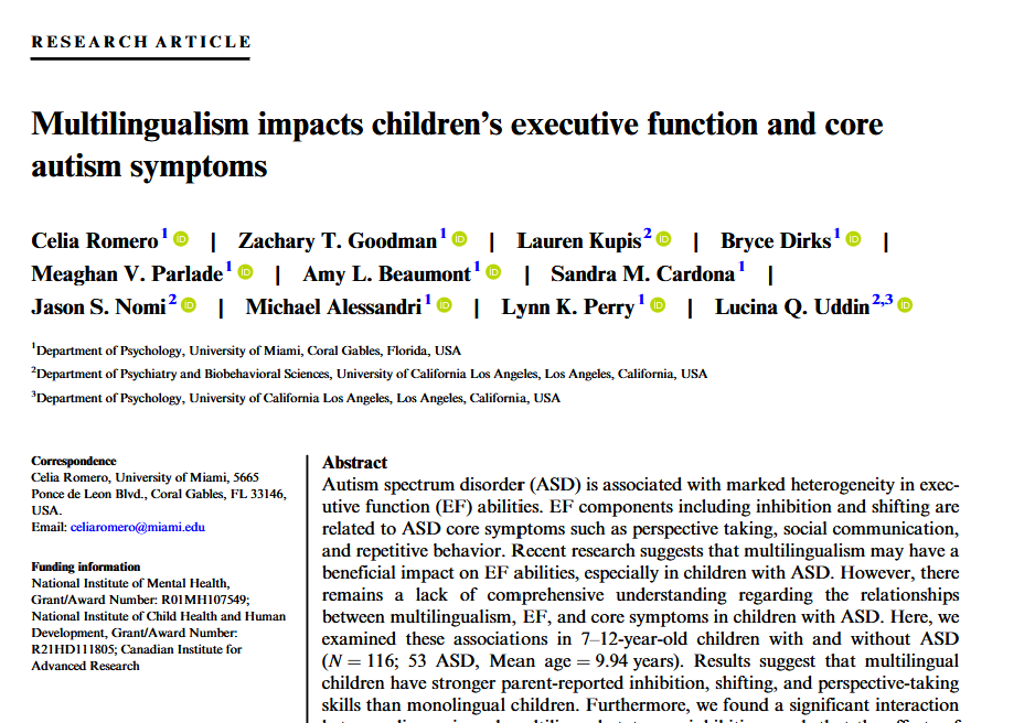 Schermata della pubblicazione originale: Romero et al. 2024, Autism Research, studio su multilinguismo e funzioni esecutive in bambini con ASD