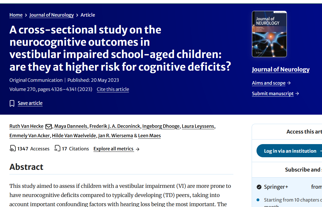 Schermata della pubblicazione originale: Van Hecke et al. 2023, Journal of Neurology, studio sul sistema vestibolare e funzioni cognitive nei bambini