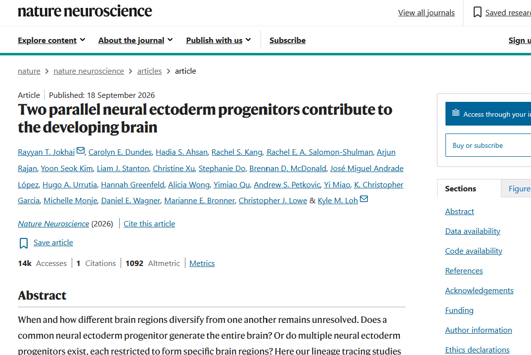 Schermata della pagina dell'articolo «Two parallel neural ectoderm progenitors contribute to the developing brain» su Nature Neuroscience