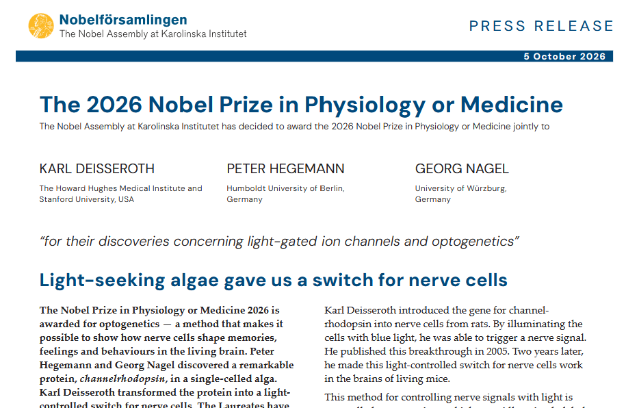 Schermata del comunicato stampa del Nobel per la Fisiologia o Medicina 2026 sul sito NobelPrize.org